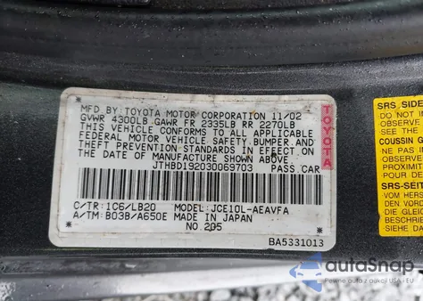 2003 Lexus Is 300 from USA, damaged, VIN JTHBD192030069703